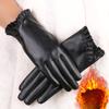 Autumn and Winter Women's Warm Gloves Fashionable Lace PU Leather Korean Version Plus Velvet Cold Proof Waterproof Fashionable Touch Screen Gloves