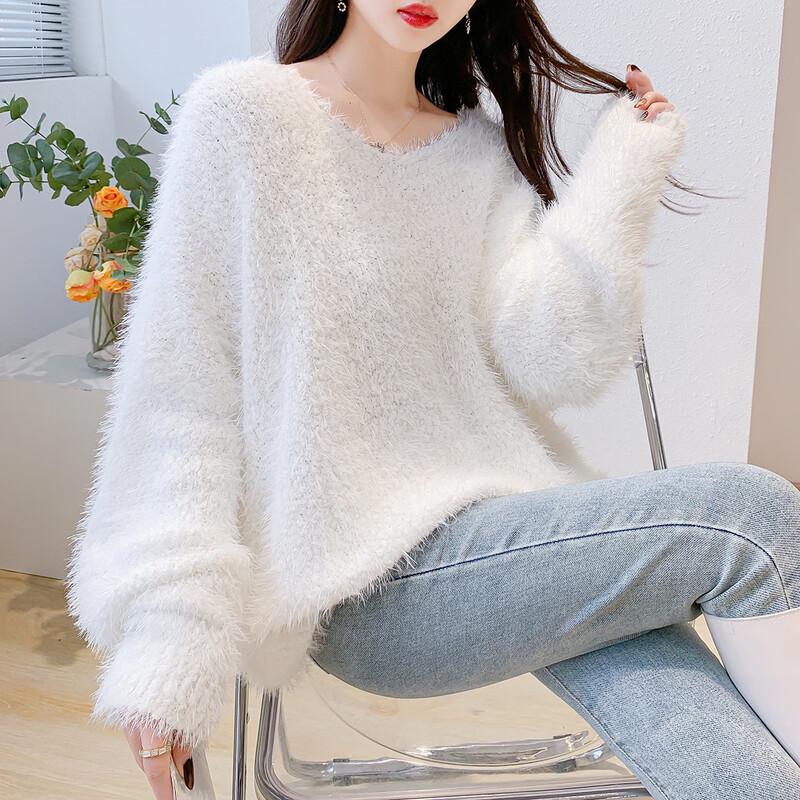 Women's Faux Mink V-Neck Pullover Sweater