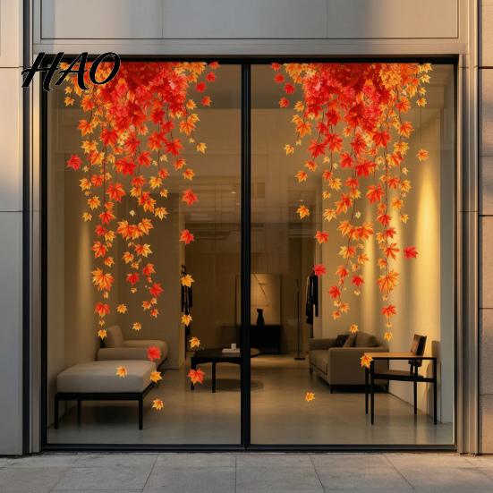 Orange Red Maple Leaf Ornaments 2Pcs Fall Window Clings, Hanging Decals, Reusable Autumn Warm Toned Stickers Leaves Static for Thanksgiving