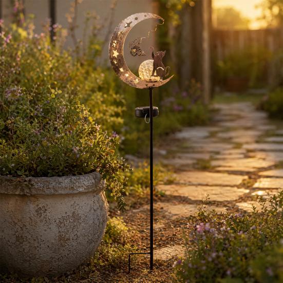 Solar Garden Light, Waterproof Metal Cat Butterfly Moon Pathway Stake Light for Yard, Lawn, Patio, Outside Decor