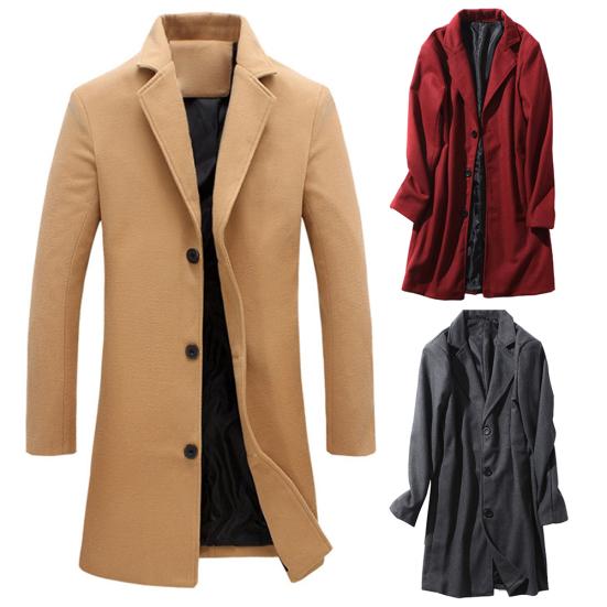 Men Winter Lapel Collar Woolen Single-breasted Pockets Plus Size Trench Coat