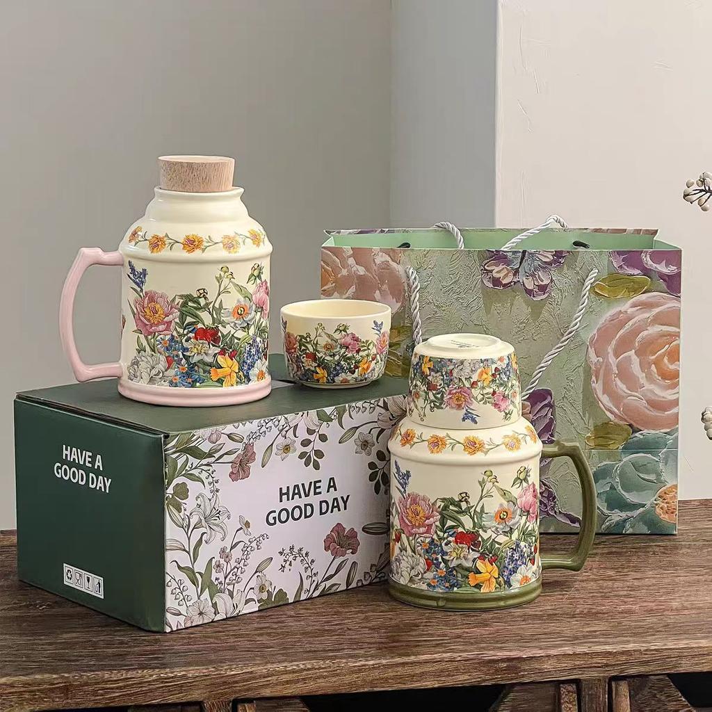 Французская Полулетняя Цветочная Кружка с Крышкой Керамический Чайник Чашка для Чая Офисный Ретро Изысканная Кружка Сувенир