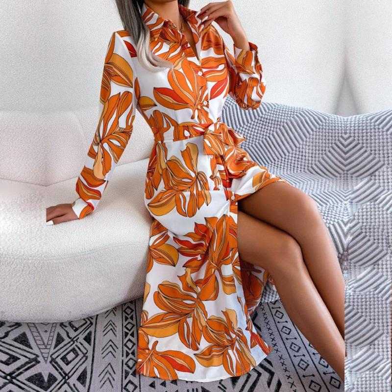 Women Spring Summer Contrast Floral Polo Collar Lace Up Shirt Dress For Ladies Single Breasted Long Dress