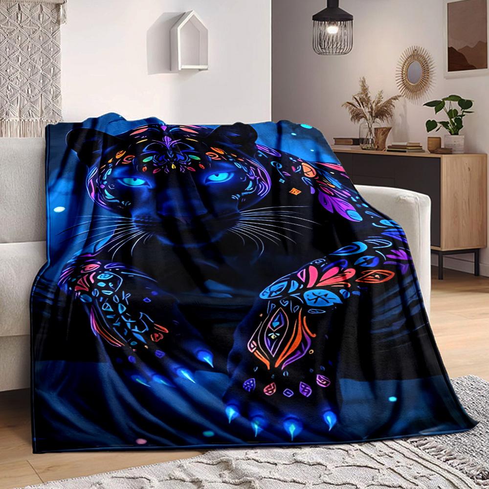 1PC Neon Panther Print Blanket, Throw For Sofa, Bed, Travel, Printing Blanket With Soft And Warm Fabric yy250918163