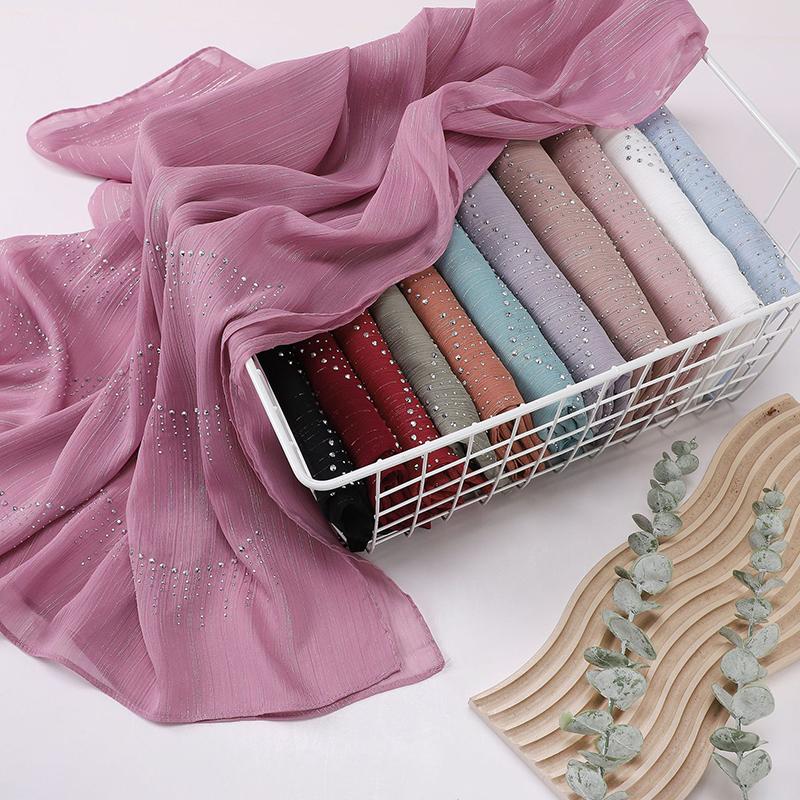 Shiny Plain Wrinkle Rhinestone Shimmer Shawls Scarf for Women Muslim Hijab Spring Ramadan Long Soft Wrap Headband Abaya Bufandas