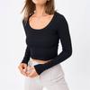 Womens Scoop Neck Long Sleeve T-Shirts Casual Basic Ribbed Crop Knit Tops Spring Autumn Slim Fit Solid Color Bottoming Shirt