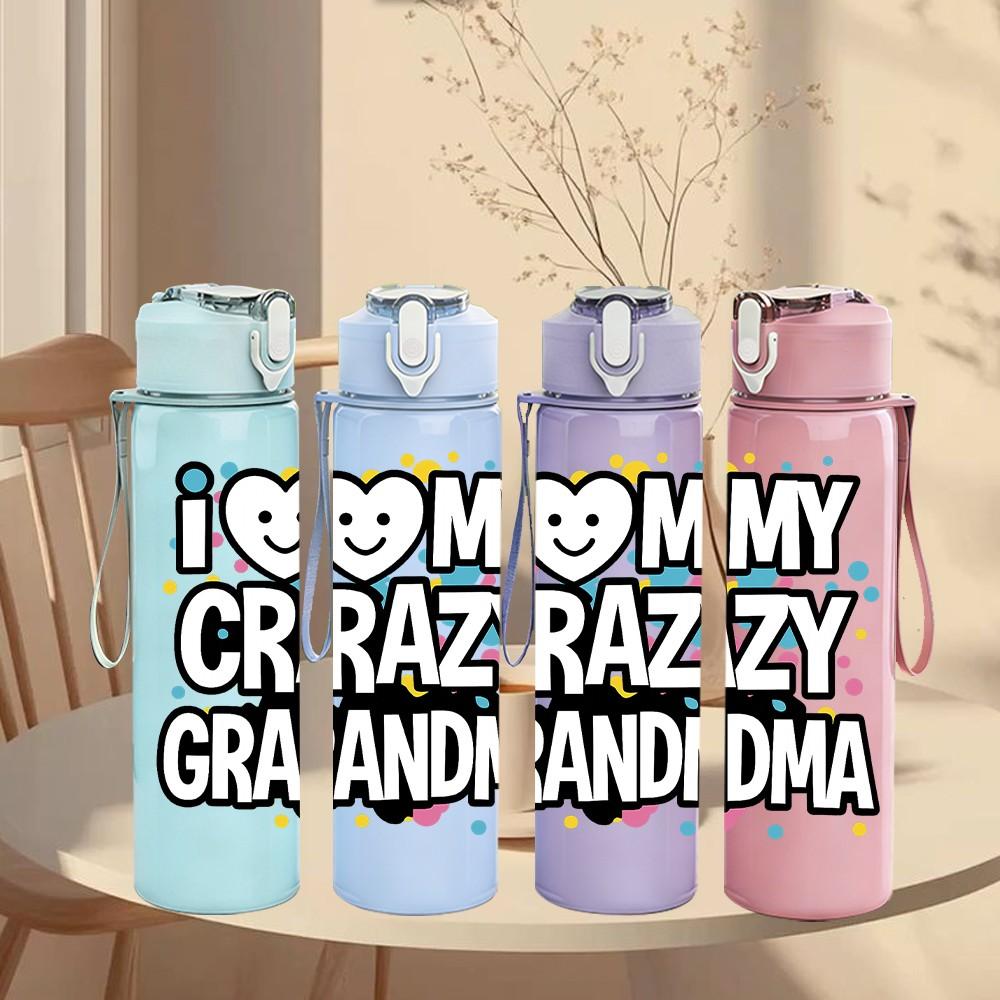 1PC I Love My Crazy Grandma Pattern 750ml Color Plastic Sports Water Bottle Leakproof Flip Straw Lid Suitable for Sports Office Home Use