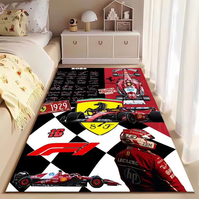 Спортивный ковер, Календарь гонок Формулы-1 Ferrari 2026, Расписание, Леклер 16, Значок с автомобилями, Клетчатый принт, Декор для гаража, Нескользящий коврик