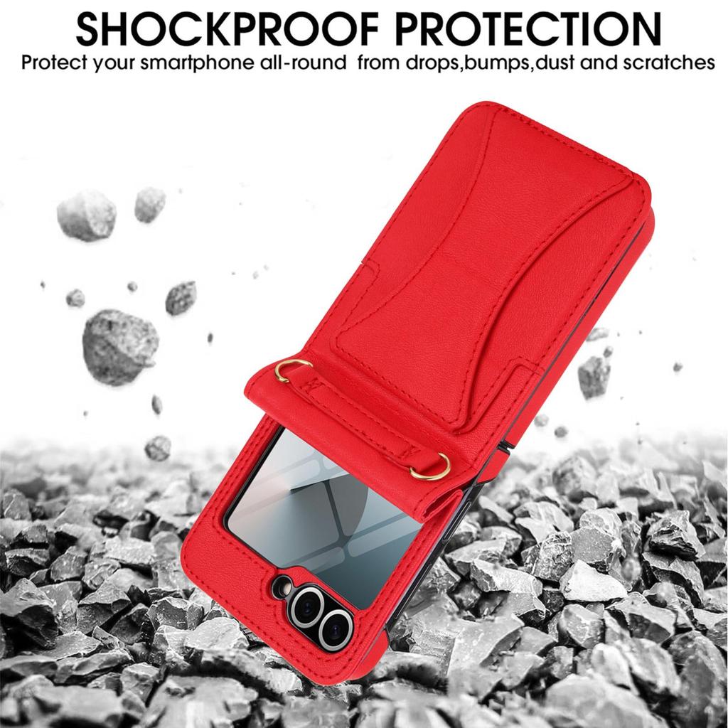 Кожаный чехол-кроссбоди для Samsung Flip6/7 с отделением для карт и защитой из закаленного стекла