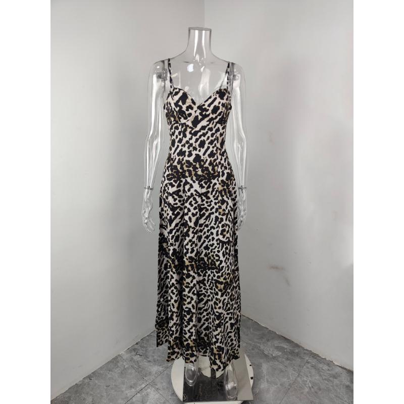 Women Fashion Sexy Leopard Print High Waist Spaghetti Strap Long Dress