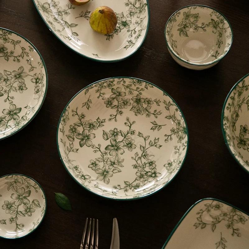 Винтажная керамическая тарелка с зеленым цветком, элитные ресторанные обеденные тарелки, суповые миски, изысканные блюда, глубокая тарелка, бытовая посуда