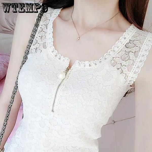 WTEMPO Весна Лето Осень Большие размеры Кружевные Лоскутные Универсальные Нижние Рубашки Женские Тонкие Черные Белые Перламутровые Майки на Молнии