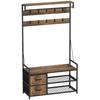 Industrial 6-in-1 Coat Rack with Shoe Shelf, 10 Hooks and 2 Fabric Drawers, Metal, Brown