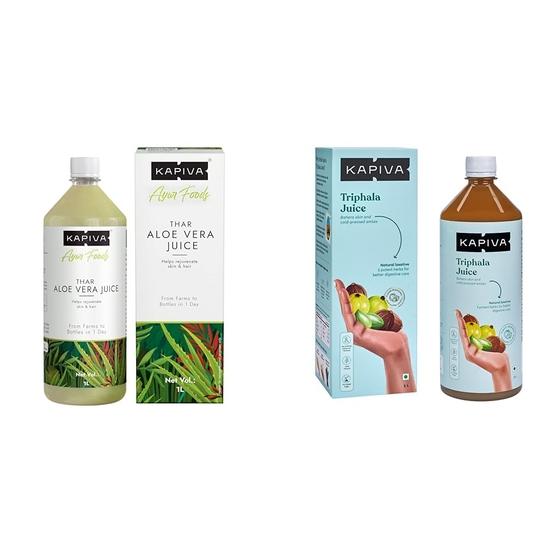 Kapiva Thar Aloe Vera Juice (with Pulp) Rejuvenates Skin & Kapiva Triphala Juice Relieves Constipation & Improves Digestion No Added Sugar,1L