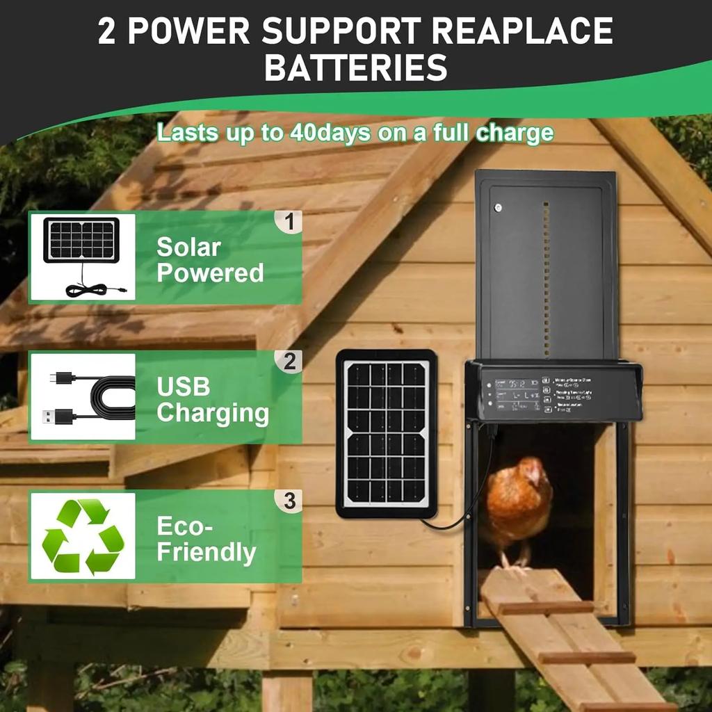 Solar Automatic Chicken Coop Door USB Charging with Timer Light Sensor 4 Modes for Poultry Farm Backyard Hen House