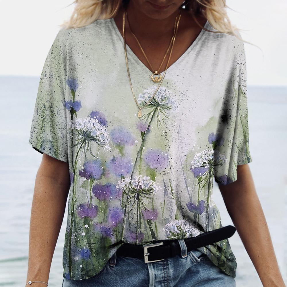 3D Art Print Tops Свободные футболки с коротким рукавом Летняя уличная мода Повседневные свободные женские футболки с V-образным вырезом Женская одежда