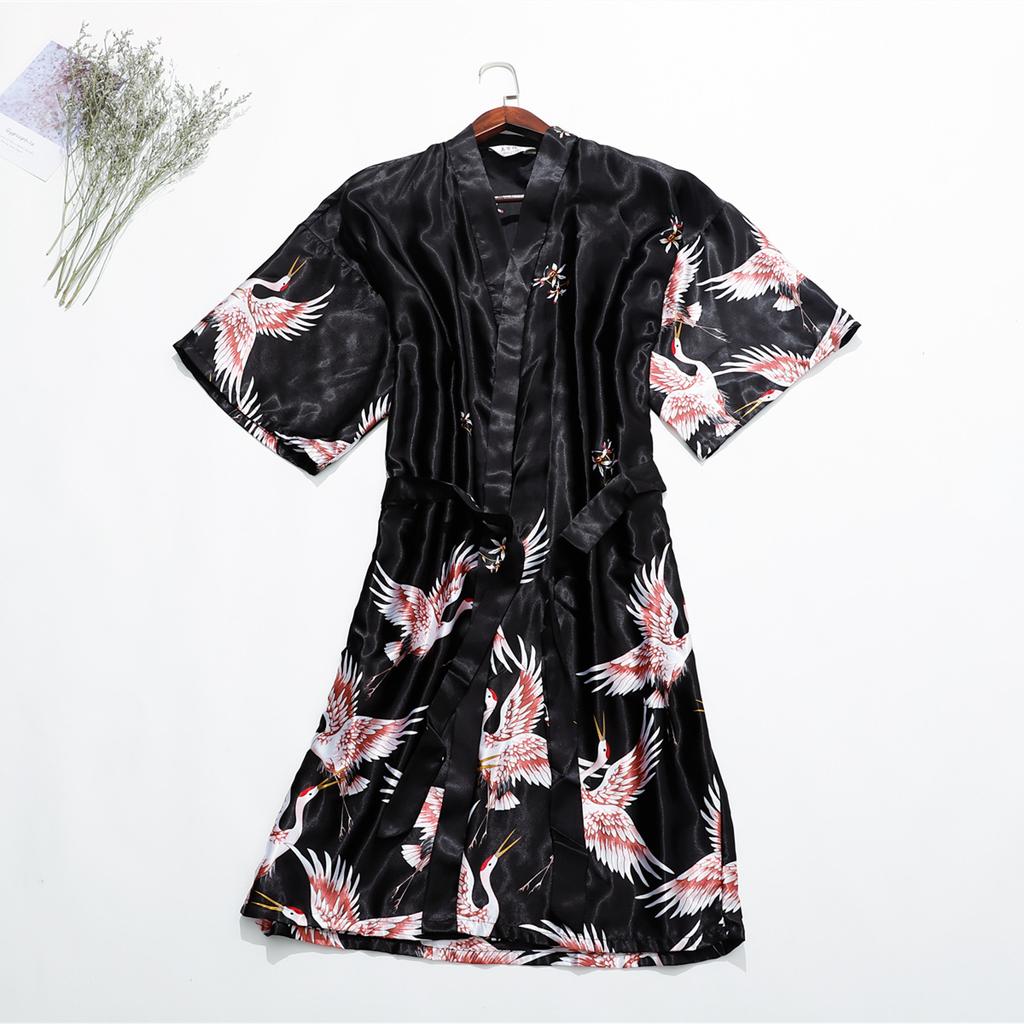 Sleeping Robe Cranes Printed Imitation Silk Single Robe Wedding Bridesmaid Morning Robe Home Increase Robe Fashion Temperament Elegant