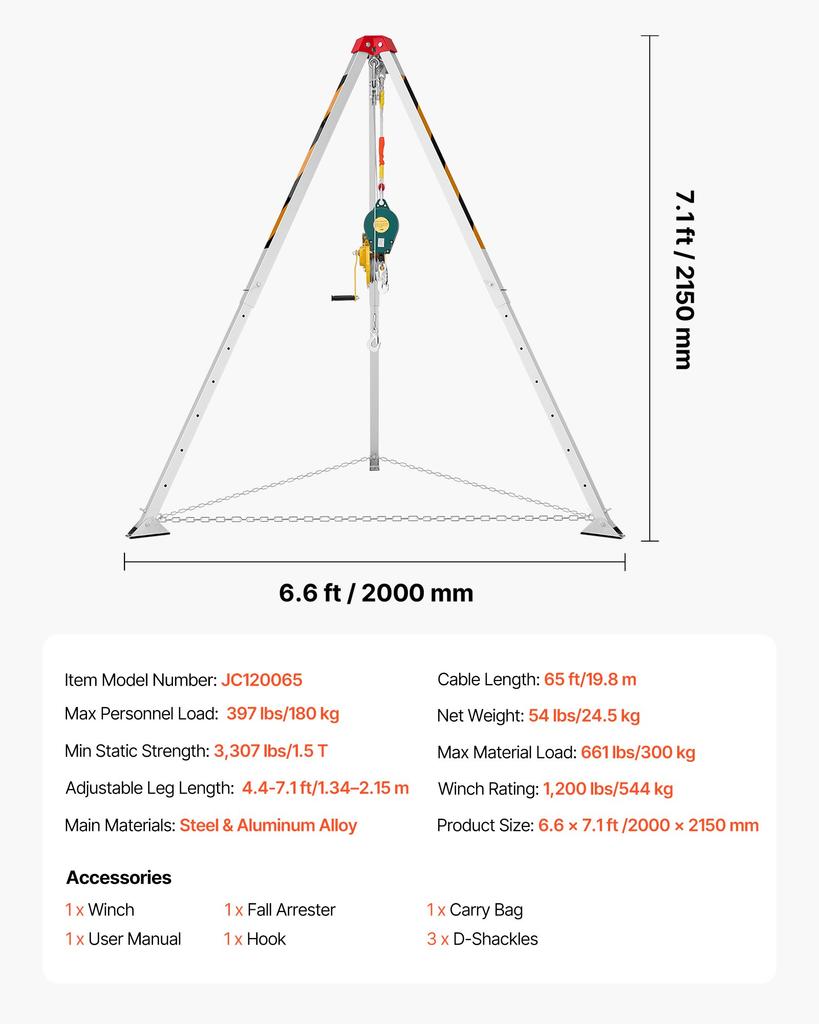 VEVOR Confined Space Tripod Kit, Heavy Duty Rescue Tripod Lifting Hoist 544 kg Winch, 1.25 m Adjustable Legs, 19.8 m Cable Portable Kit
