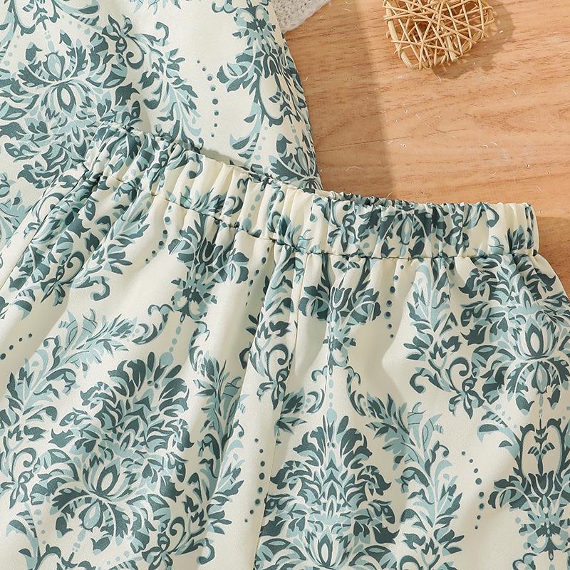 Костюм для девочек, летний детский повседневный комплект из двух предметов: топ без рукавов и шорты с винтажным принтом