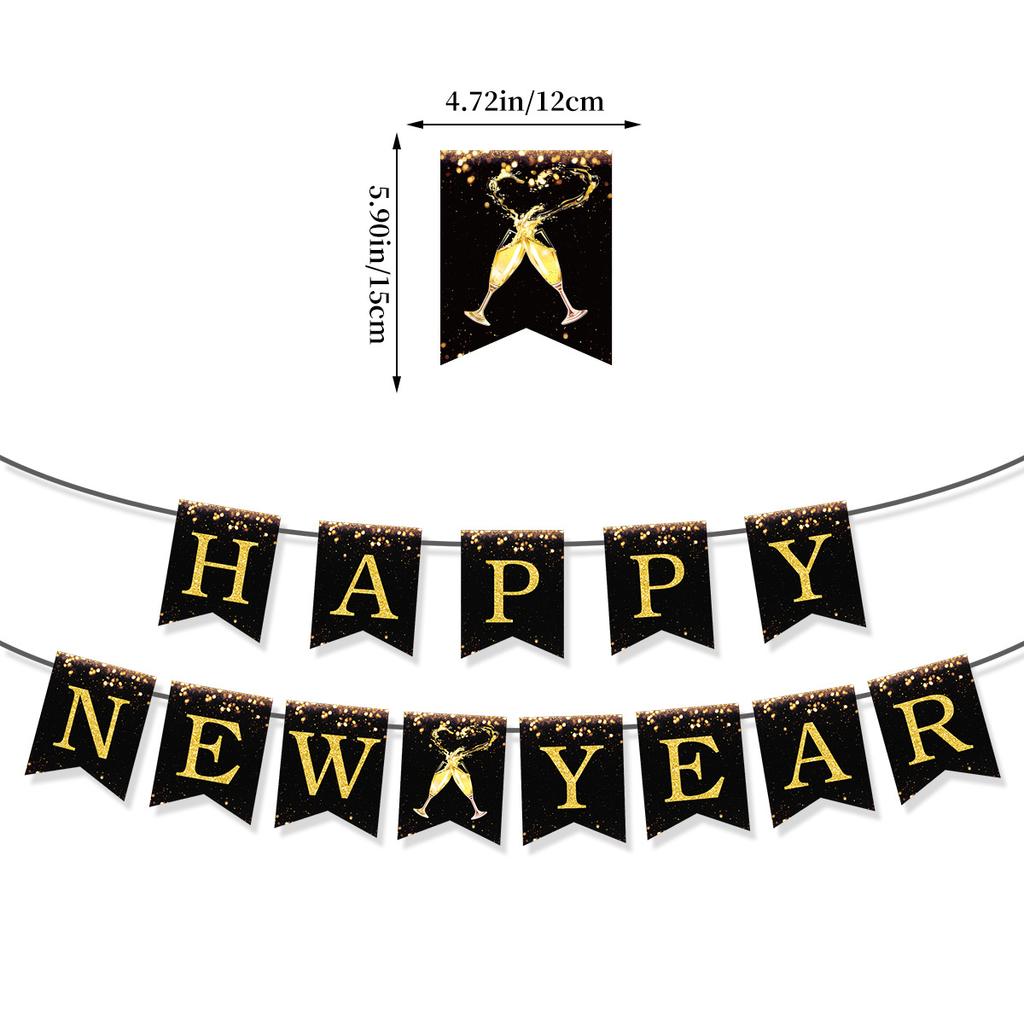 Black Gold Happy New Year Banner New Year'S Eve Party Arrangement Fireworks Cheers Banner Latte Custom