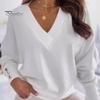 Women Tops V-Neck Long Sleeve Metal Button Cuffs Knitting Tops Solid Color Commuting Style Loose Fit Knitwear
