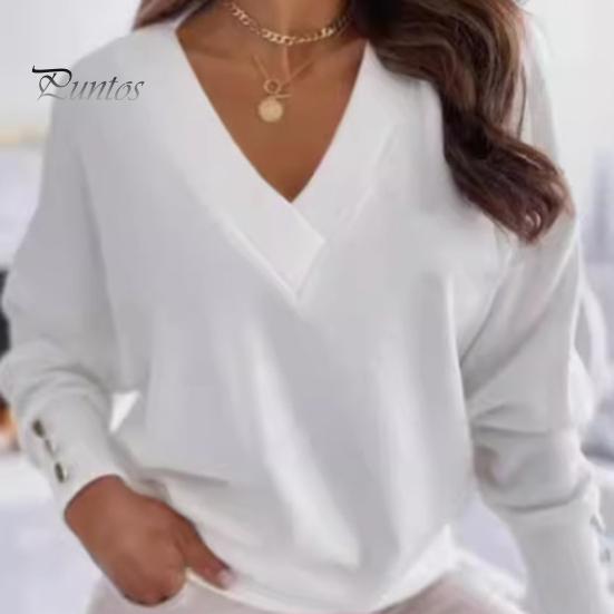 Women Tops V-Neck Long Sleeve Metal Button Cuffs Knitting Tops Solid Color Commuting Style Loose Fit Knitwear