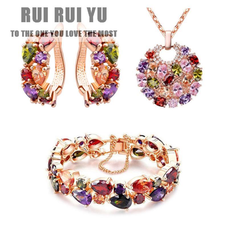 RUI RUI YU 3 шт./компл. Женский свадебный модный комплект ювелирных изделий с цветным цирконом, ожерелье и серьги с искусственными камнями