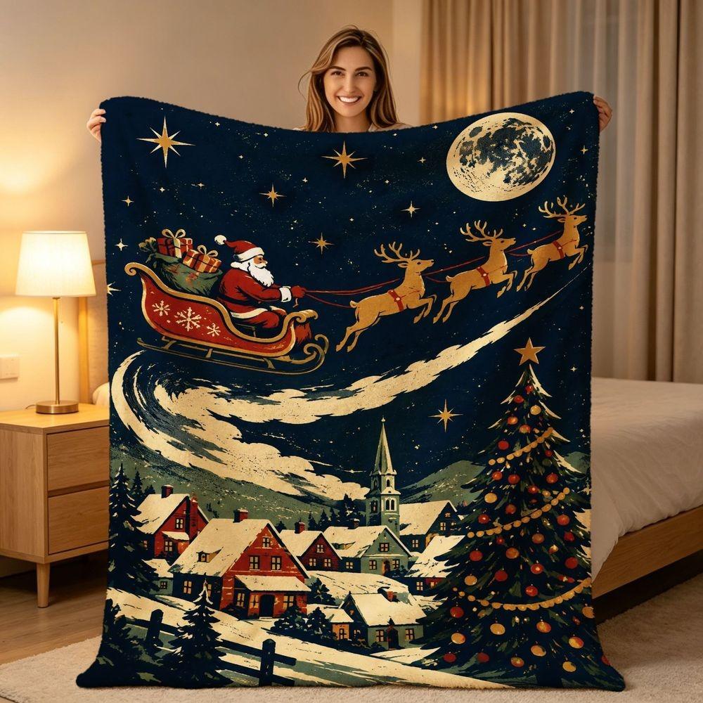 Whimsical Blue Night Santa Sleigh Throw Blanket Plush Couch Cover For Magical Christmas Holiday Home Decor Gift