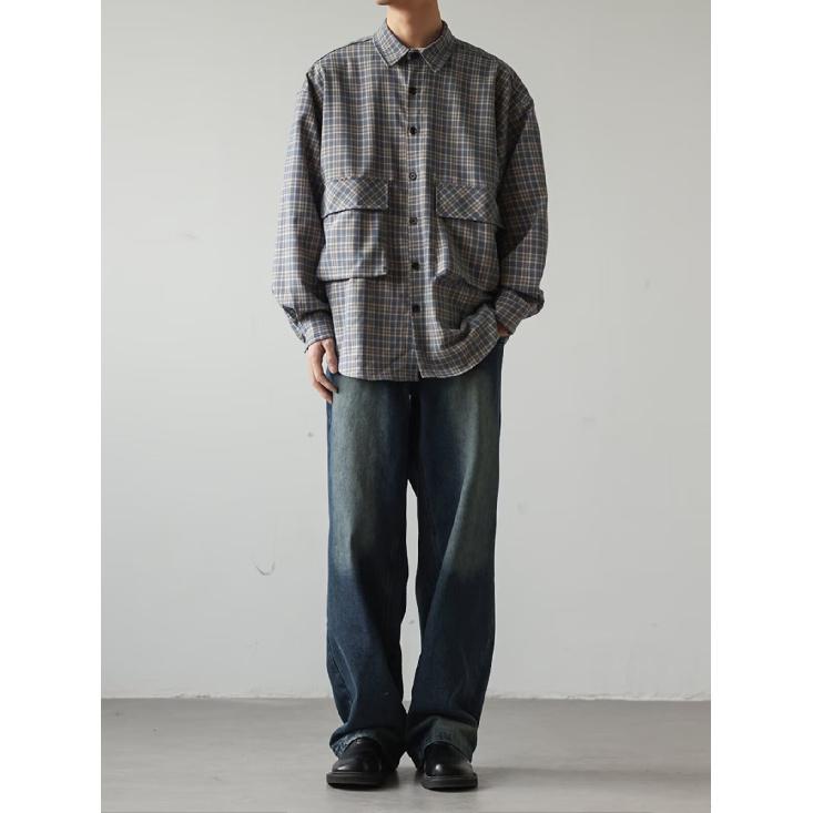 Осень 2024 года. Рубашка с карманами в клетку и декоративными лацканами. Мужская рубашка с длинным рукавом в японском стиле в стиле ретро с вышивкой.