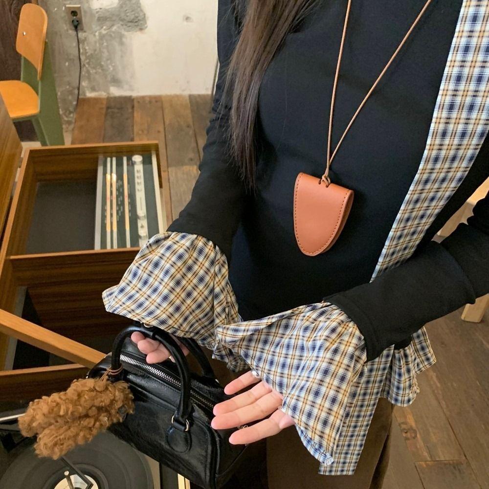 Майки Футболка с имитацией двойки Клетчатая с оборками Приталенный топ Мягкий топ с длинным рукавом Женский