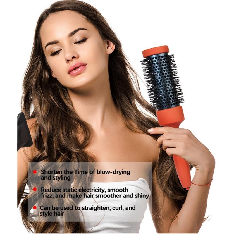 Thermal Protective Ceramic Barrels Hair Brush Natural Volumizing Curls Nylon Bristles Ergonomic Beechwood For Styling