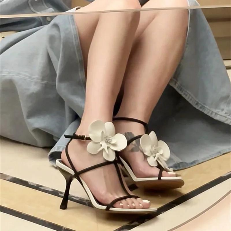 Women's Summer New Fashion Floral Designer Sexy Open Toe Stilettos PU Leather Elegant Slip On Party Dress Ladies Sandals