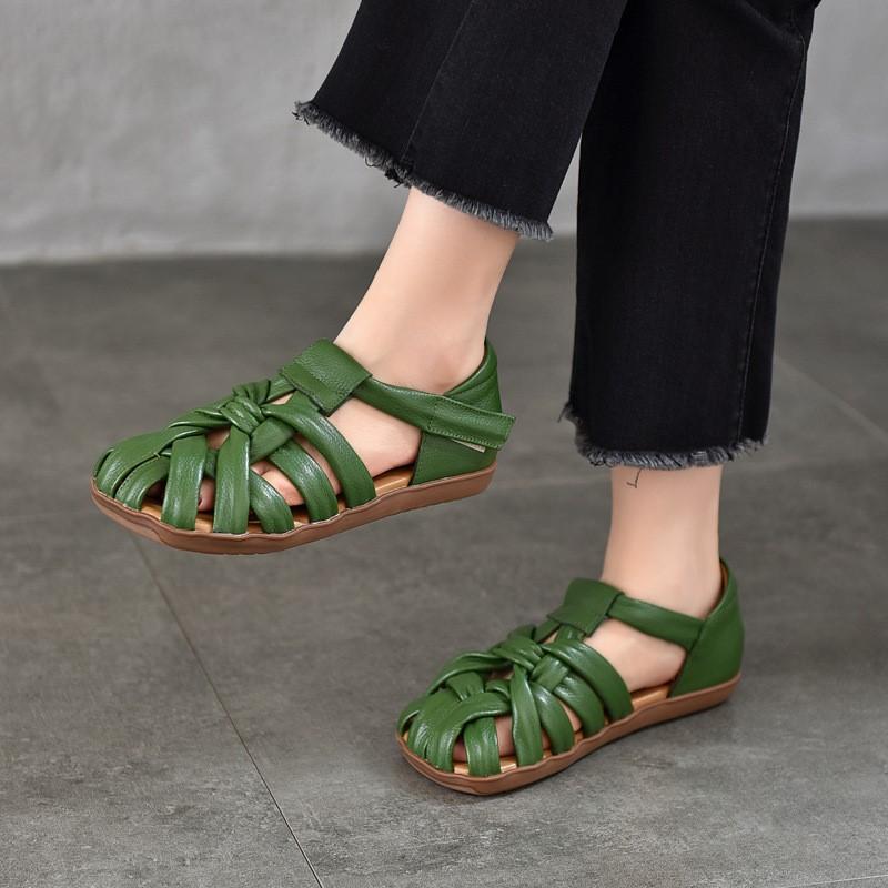 Johnature Ретро-сандалии на плоской подошве с квадратным носком для женщин из натуральной кожи с мягкой подошвой и ажурной отделкой - римские туфли