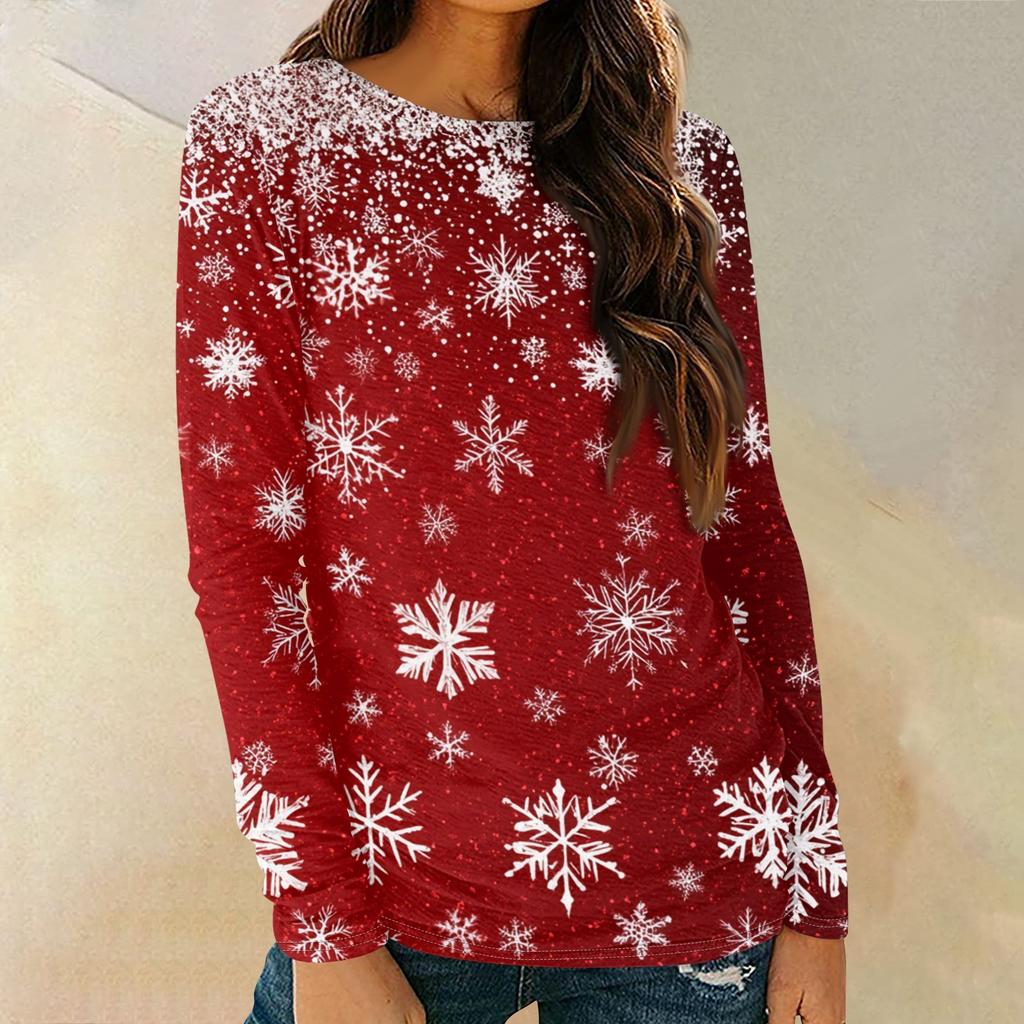 Женская мода круглый вырез пуловер с глубокими рукавами футболка с рождественским принтом топ
