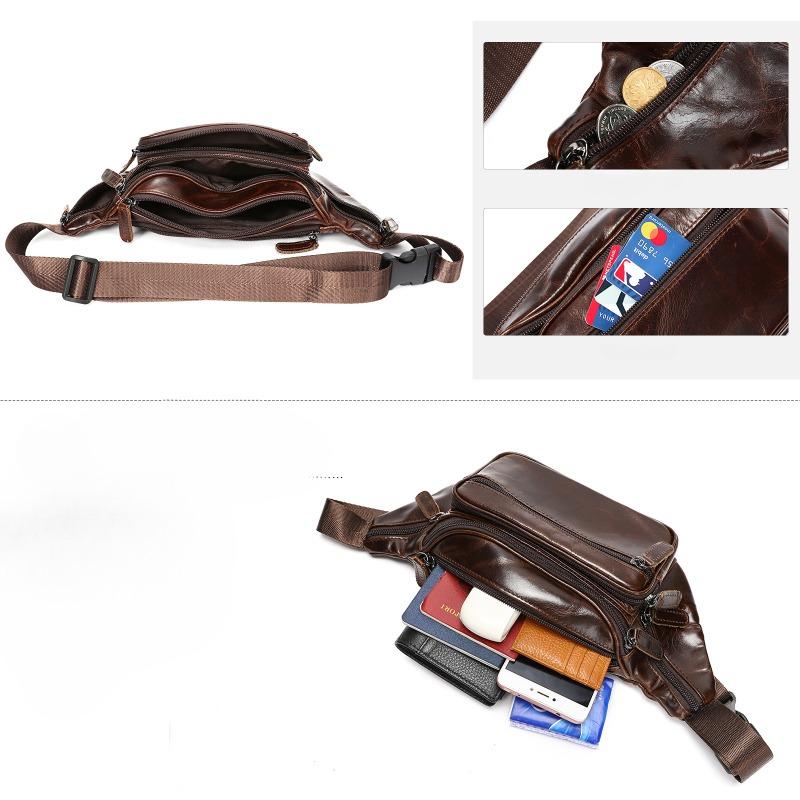 Cowhide Men's Bag Mobile Phone Waist Bag Genuine Leather Crossbody Bag Multi-functional Sports and Casual Crossbody Chest Bag