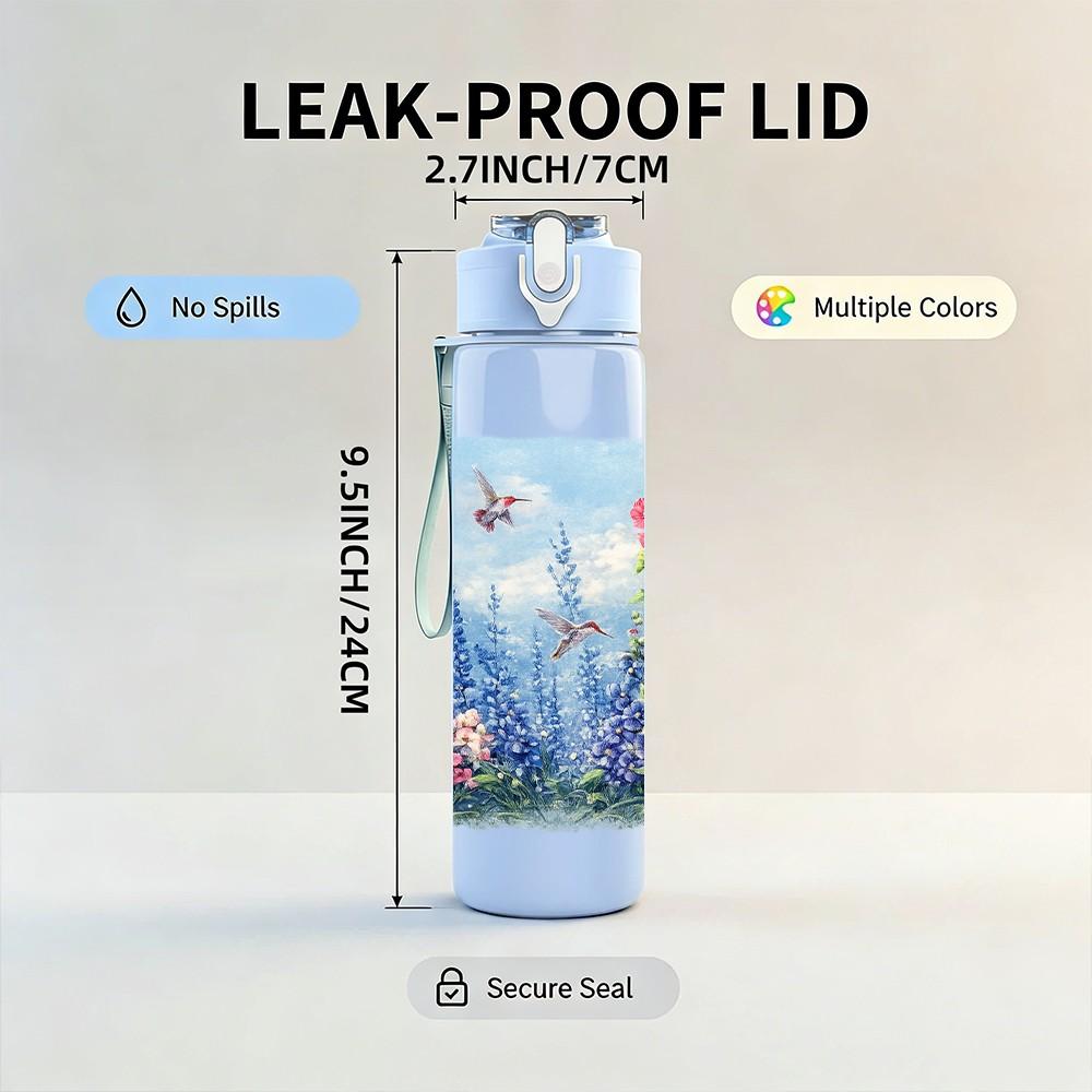 1PC Blue Wildflower Bush Watercolor Print 750ml Color Plastic Sports Water Bottle Leakproof Flip Straw Lid Suitable for Sports Office Home Use