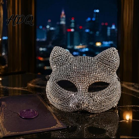 Костюм для косплея Реквизит Полностью со стразами Маска на Хэллоуин Сверкающий Череп и Лицо Кошки Полумаска Регулируемые Эластичные Ремешки для Карнавальных Тематических Танцев Блестящая