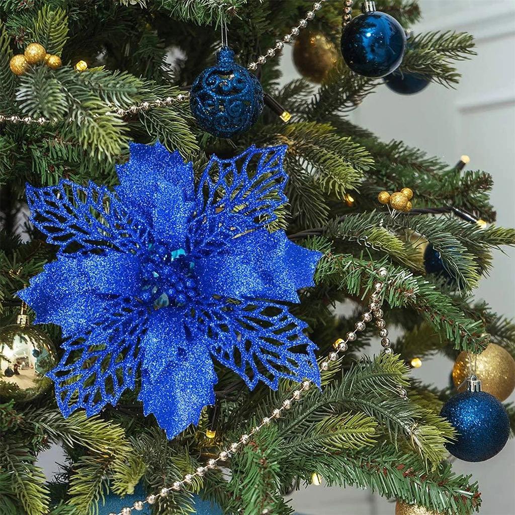 12Pcs 16cm/6.2" Christmas Flowers with Clips Glitter Christmas Tree Ornaments for Xmas Wedding Party Wreath Decoration Clearance