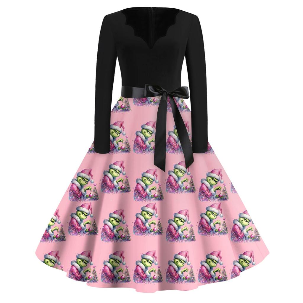 Women's Fashion V-neck Casual Slim-fit Christmas Print Long-sleeved Dress