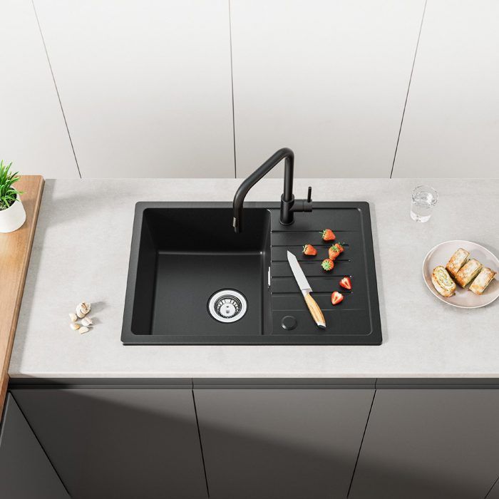 Évier de Cuisine - Noir Anthracite - 65x45cm - Granit - Mitigeur Extractible - 1 Bac