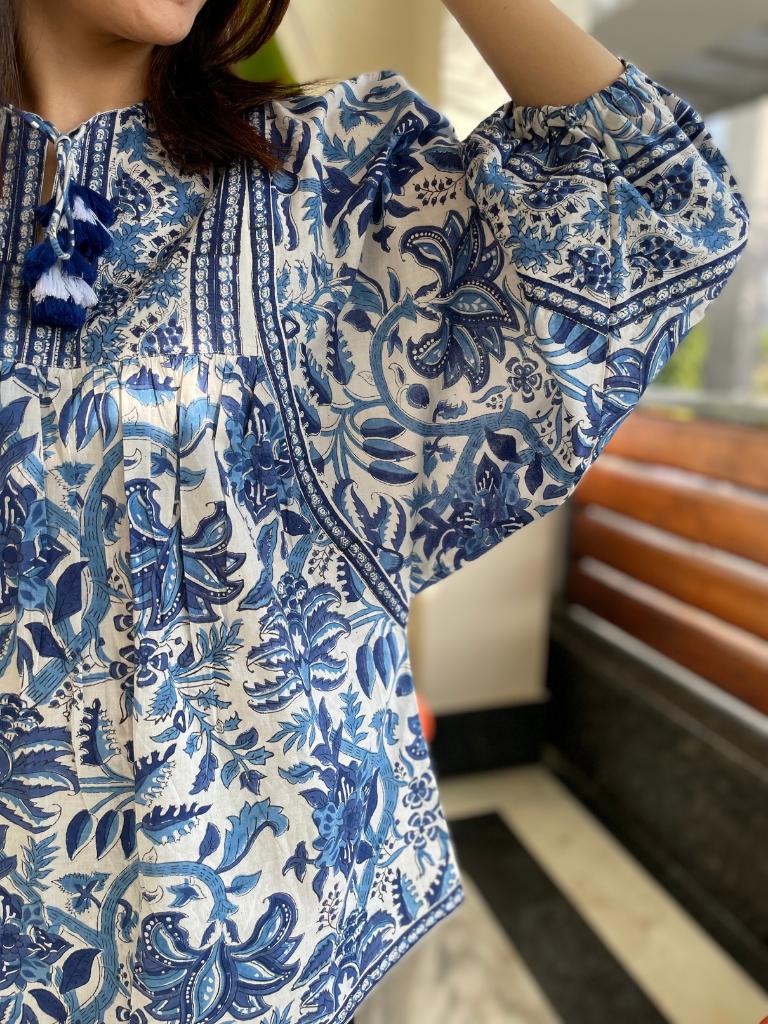 HandBlock Print Blue Floral Cotton Top |BOHO Volume Sleeves | Indian Cotton Tie-up Top | Puff Sleeves Bohemian Top | Women’s Indian Blouse