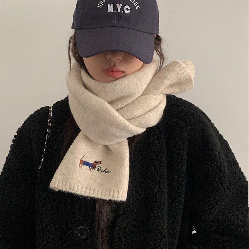 Korean Version with Wool Scarf for Women Winter New Versatile Solid Color Ins Scarf Beige Student Advanced Puppy Embroidery