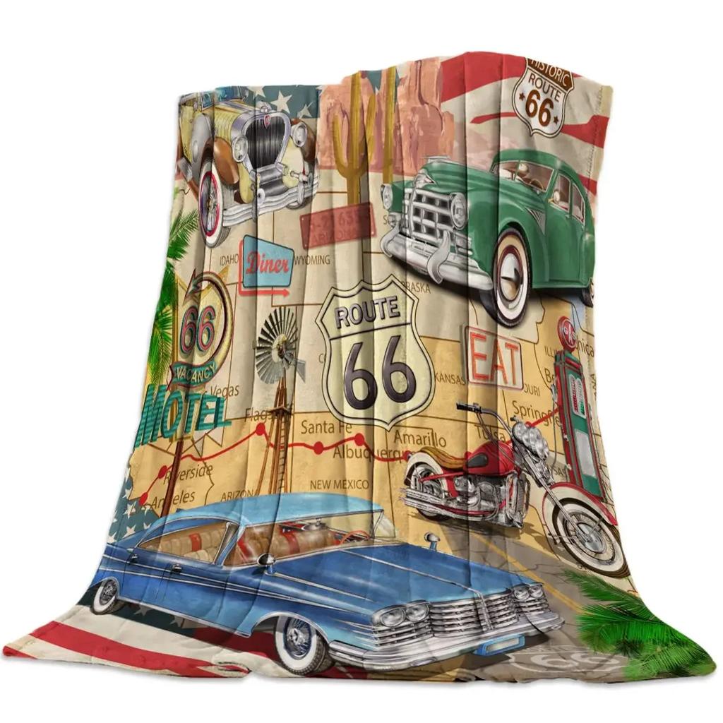 Soft Flannel Throw Blanket Retro Car Motel Route Warm Cozy Plush All Season Bed Living Room Bedroom Cover