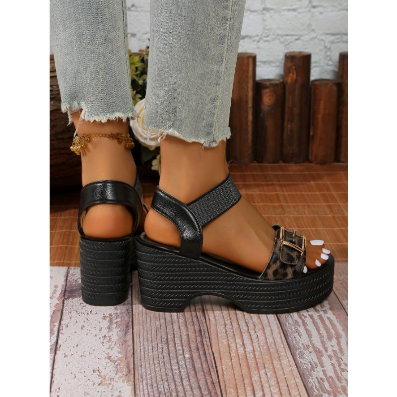 Леопардовый Высокий Каблук Модные Босоножки Женские Летние Большие Размеры Женские Толстые Босоножки