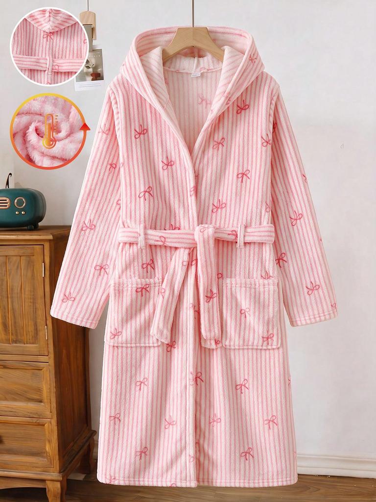 Mädchen Weißes Herz Muster Langarm Kapuzen Bademantel Loungewear Set, Gestreift, Herbst/Winter, Weich Bequem Süß, Schlafanzug Loungewear Indoor Set