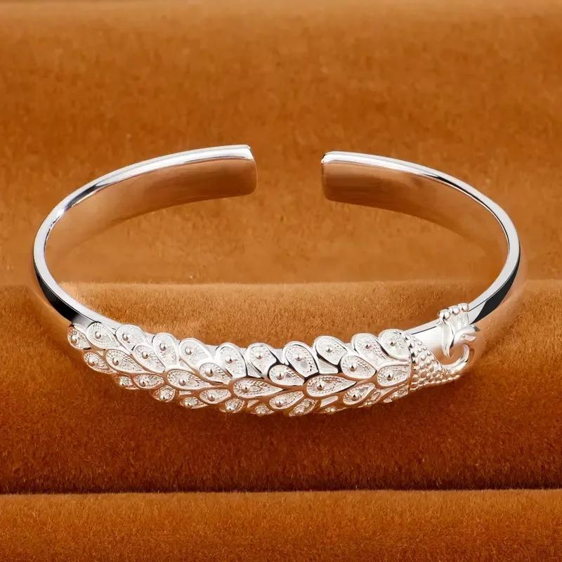 Luxury 925 Silver Open Bracelets For Women Elegant Peacock Opening Screen Bracelets Party Wedding Fine Jewelry Gifts