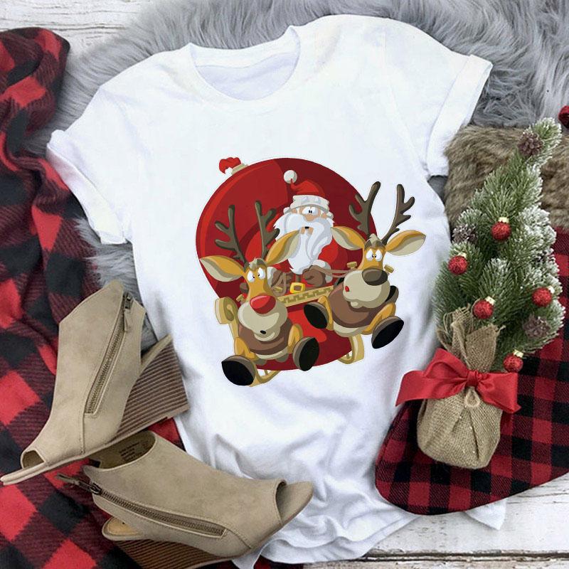 Cute Reindeer T Shirt Women Fashion Christmas Harajuku Short Sleeve T Shirt White Suitable All Seasons