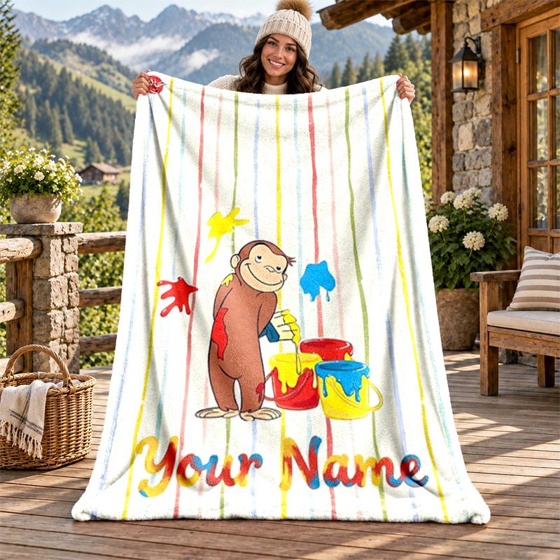 Curioso George Custom Name Flannel Blanket Personalized Soft Warm Plush Throw Blanket Customized Gift for Family Friends