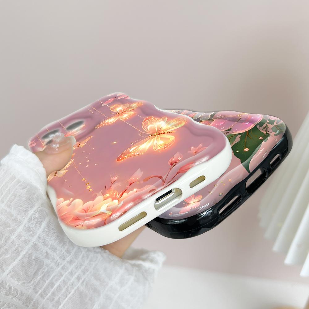 Для iPhone 16 15 14 13 12 Pro Max Samsung S24 Ultra S23 S22 Plus Redmi Note 13 Pro чехол с рисунком в виде цветов и бабочек и мягким волнистым краем