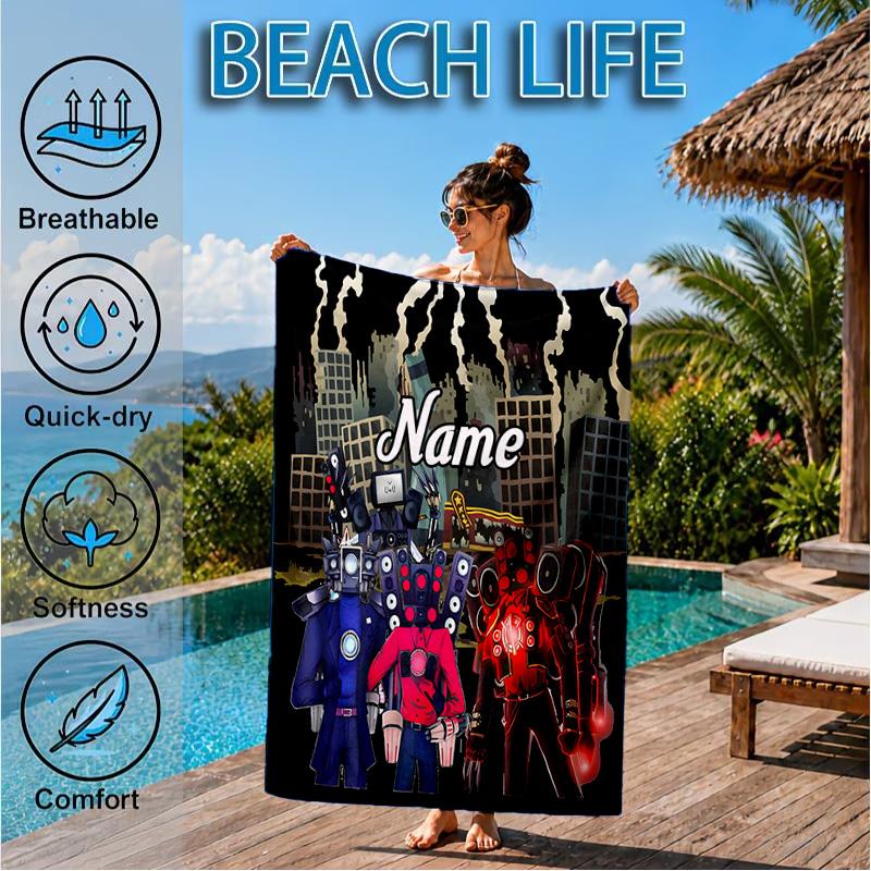Custom Name Toilet Heart In Space Adventure Microfiber Beach Towel, Lightweight for Summer Travel, Swimming Pool Fan Gift